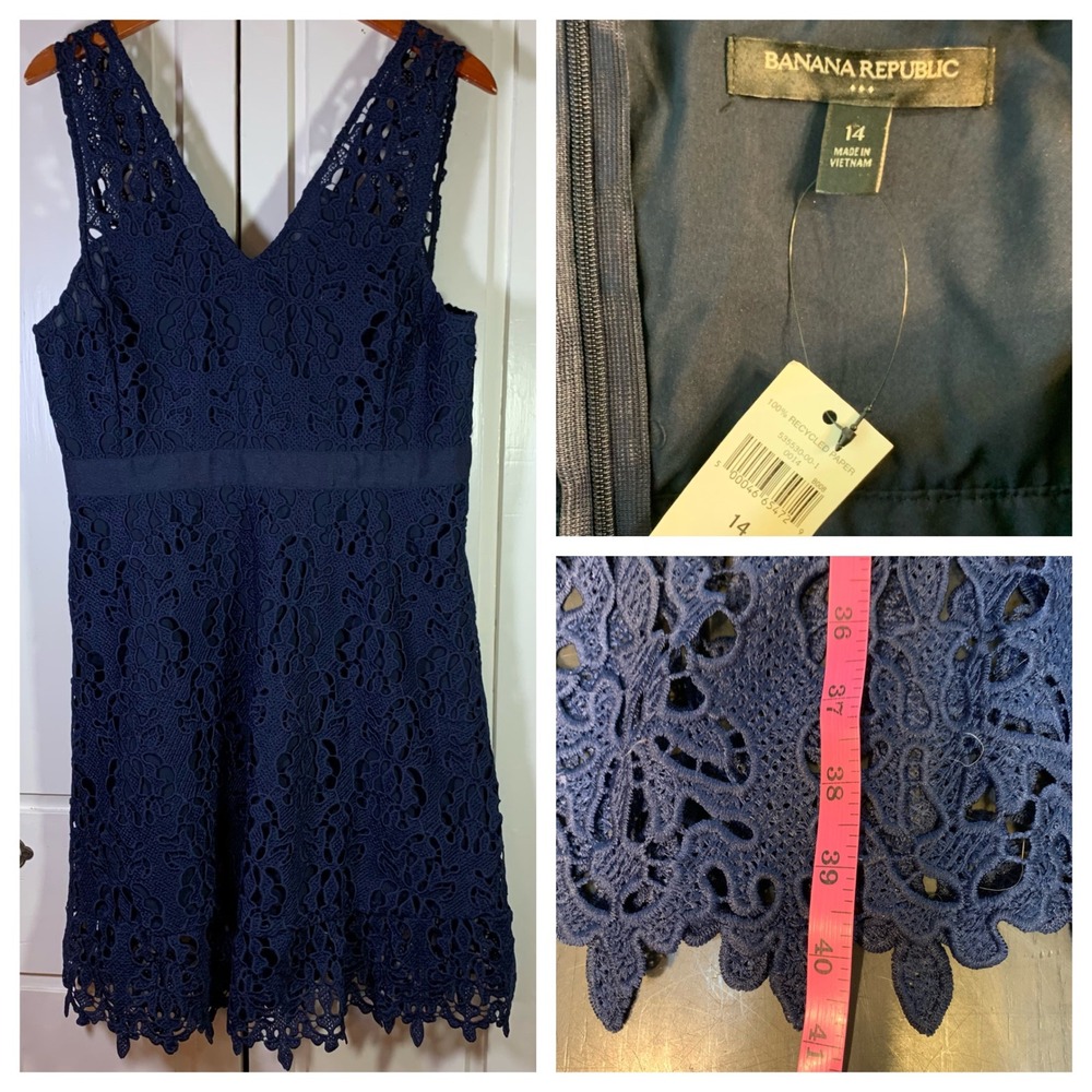 Banana Republic Navy Blue Floral Lace V-Neck Sleeveless Dress 14 NWT